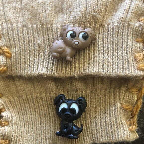 Vintage Cable Knit Wool Mittens Large Puppy Appliqué Beige - Picture 10 of 10